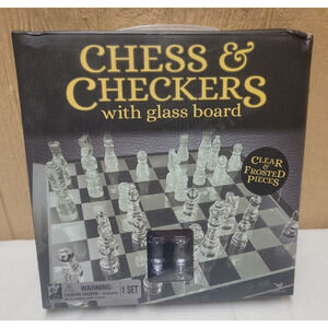 Classic CHESS & Checkers GLASS Board Clear Frosted Pieces BOX DAMAGE
